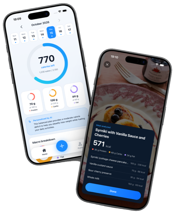 CarboLens showing today's calories left and a meal analyzed from a photo